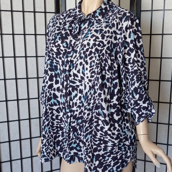 Talbots 2XP Artsy Print Blouse Multicolor Cream Black Blue Roll-Tab Sleeves - Picture 4 of 8
